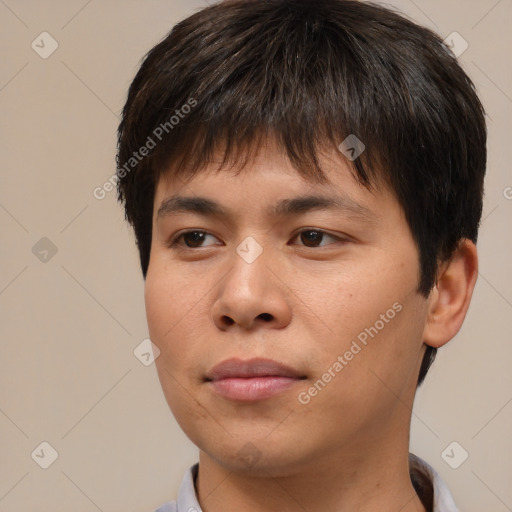 Neutral asian young-adult male with short  brown hair and brown eyes