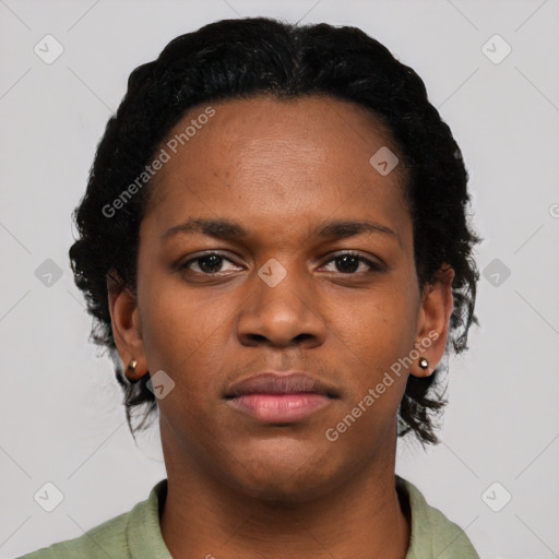 Neutral black young-adult female with short  black hair and brown eyes