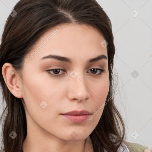 Neutral white young-adult female with long  brown hair and brown eyes