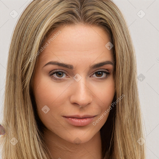 Neutral white young-adult female with long  brown hair and brown eyes