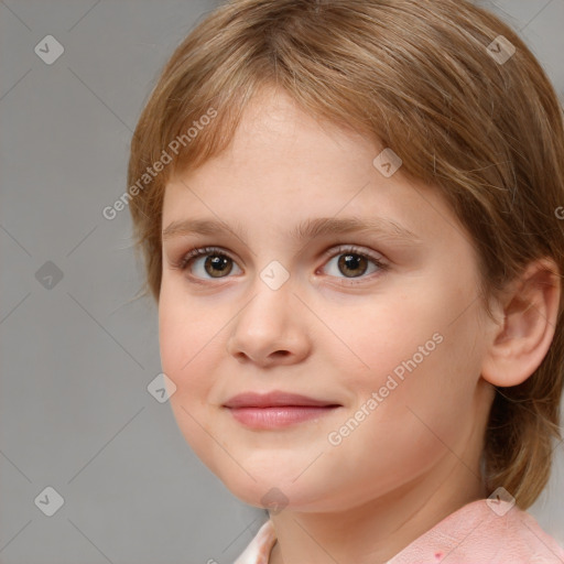 Joyful white child female with medium  brown hair and brown eyes