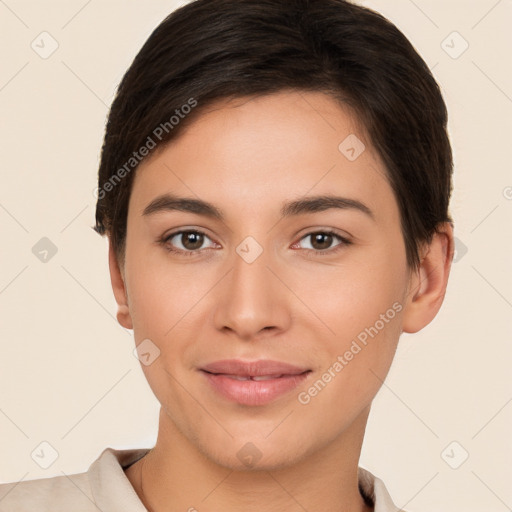 Joyful white young-adult female with short  brown hair and brown eyes