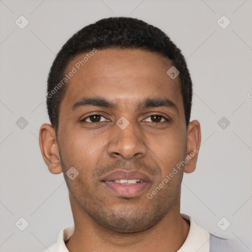 Neutral black young-adult male with short  black hair and brown eyes