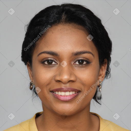 Joyful black young-adult female with medium  black hair and brown eyes