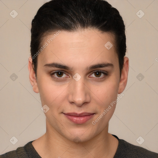 Joyful white young-adult female with short  brown hair and brown eyes