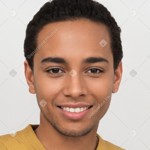 Joyful latino young-adult male with short  brown hair and brown eyes