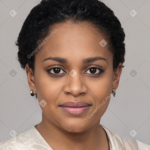 Joyful latino young-adult female with short  black hair and brown eyes