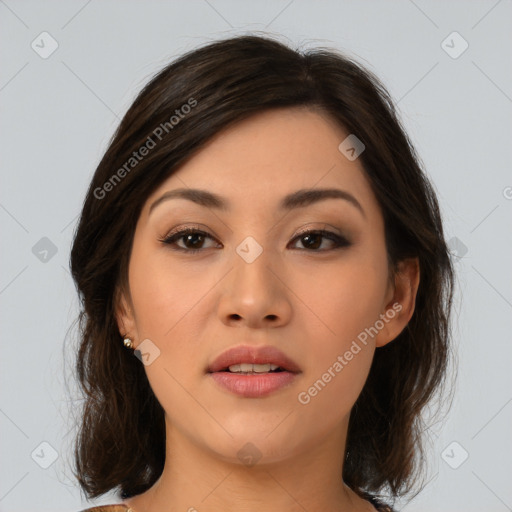 Neutral asian young-adult female with medium  brown hair and brown eyes