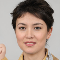 Joyful white young-adult female with medium  brown hair and brown eyes