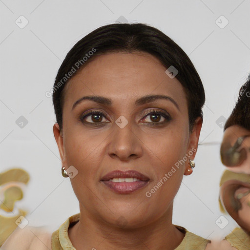 Joyful latino young-adult female with short  brown hair and brown eyes