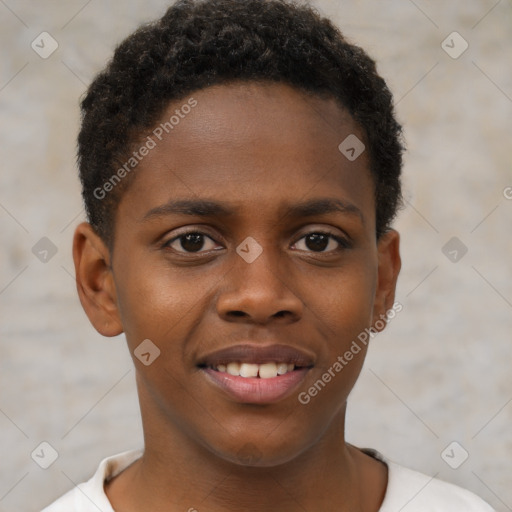 Joyful black young-adult male with short  brown hair and brown eyes