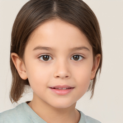 Joyful white child female with medium  brown hair and brown eyes