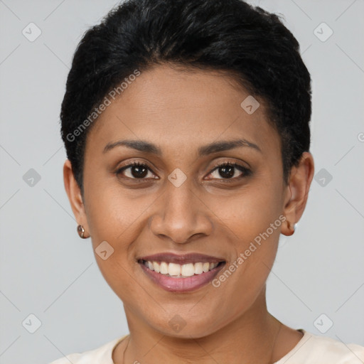 Joyful latino young-adult female with short  brown hair and brown eyes