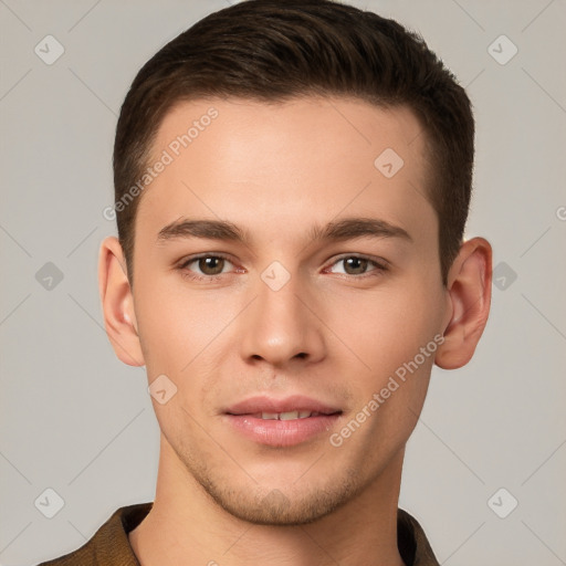 Joyful white young-adult male with short  brown hair and brown eyes