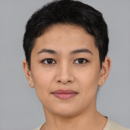 Joyful asian young-adult female with short  black hair and brown eyes