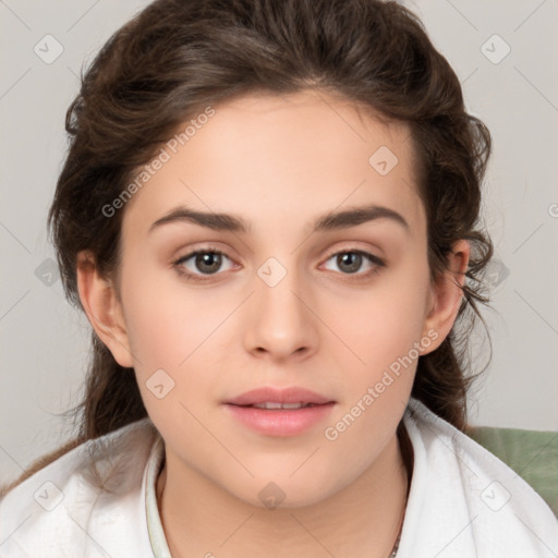 Neutral white young-adult female with medium  brown hair and brown eyes