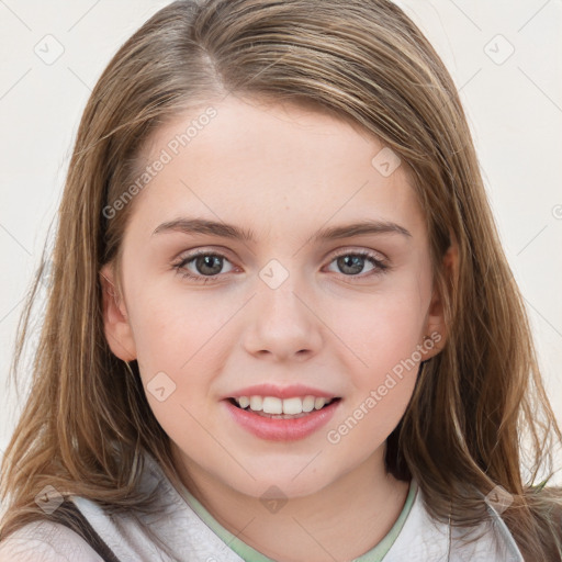 Joyful white child female with medium  brown hair and brown eyes