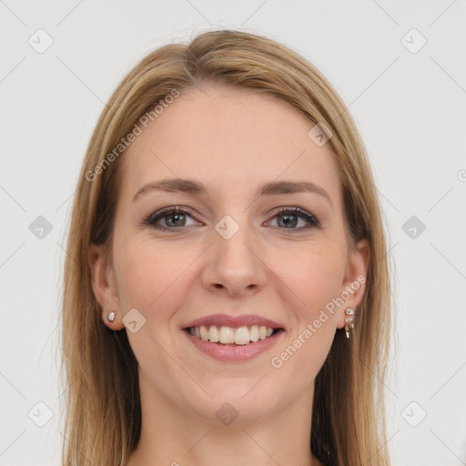 Joyful white young-adult female with long  brown hair and grey eyes