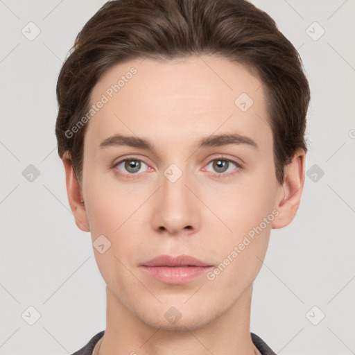 Neutral white young-adult male with short  brown hair and brown eyes