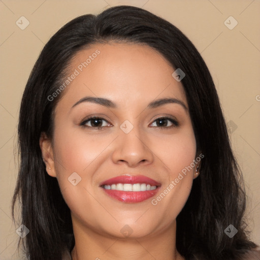 Joyful white young-adult female with long  black hair and brown eyes