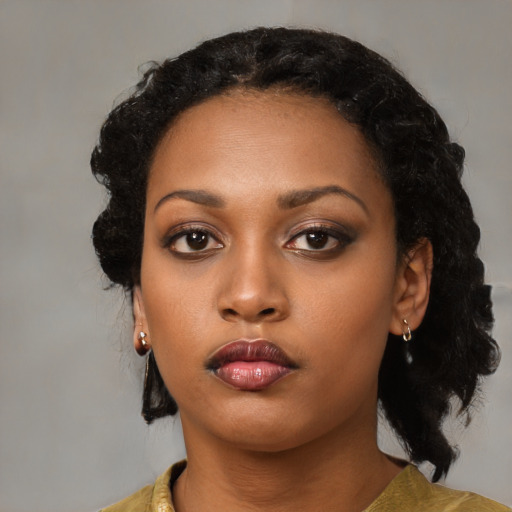 Neutral black young-adult female with medium  black hair and brown eyes