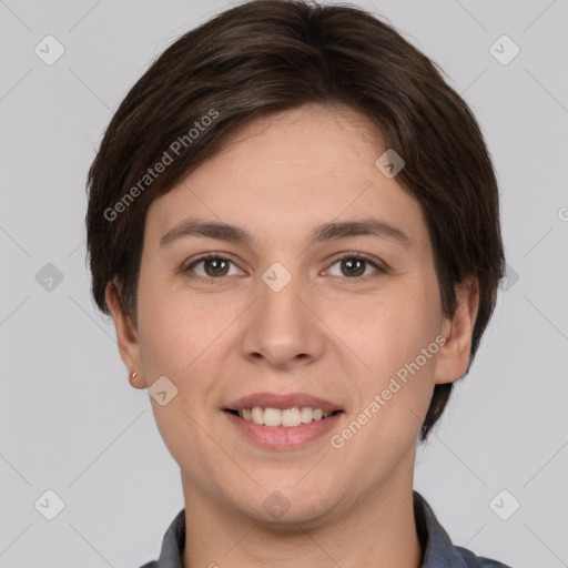 Joyful white young-adult female with short  brown hair and brown eyes