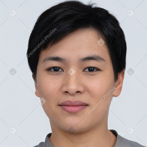 Joyful asian young-adult male with short  black hair and brown eyes