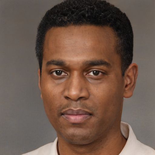 Neutral black young-adult male with short  black hair and brown eyes
