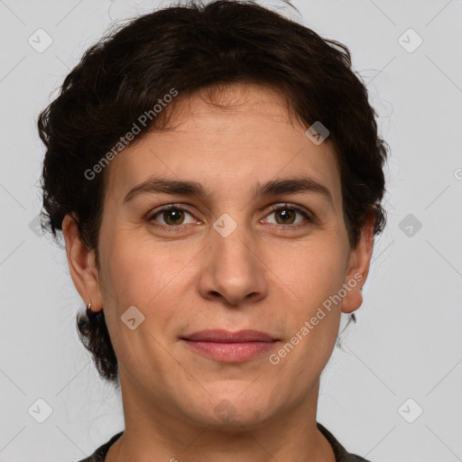 Joyful white adult female with short  brown hair and brown eyes