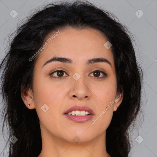 Joyful asian young-adult female with long  brown hair and brown eyes