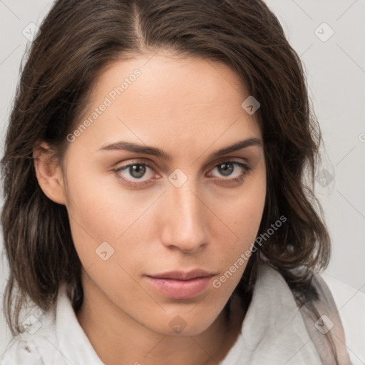 Neutral white young-adult female with medium  brown hair and brown eyes