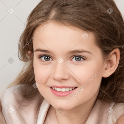 Joyful white child female with medium  brown hair and brown eyes