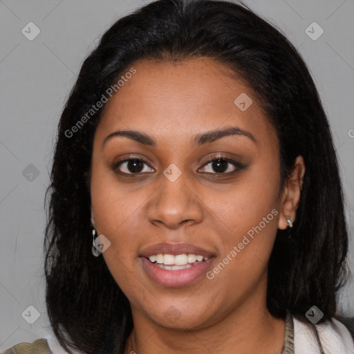 Joyful latino young-adult female with medium  brown hair and brown eyes