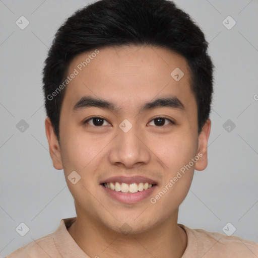 Joyful white young-adult male with short  black hair and brown eyes