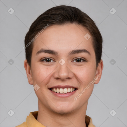 Joyful white young-adult female with short  brown hair and brown eyes