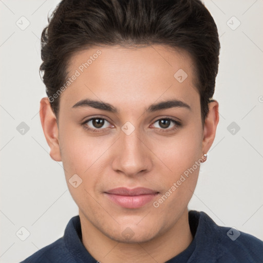 Joyful white young-adult female with short  brown hair and brown eyes