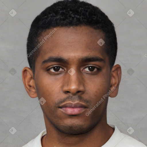 Neutral black young-adult male with short  black hair and brown eyes