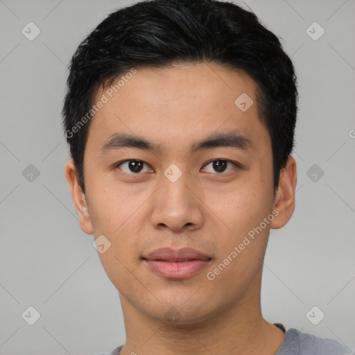 Neutral asian young-adult male with short  black hair and brown eyes