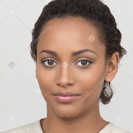 Joyful latino young-adult female with short  black hair and brown eyes