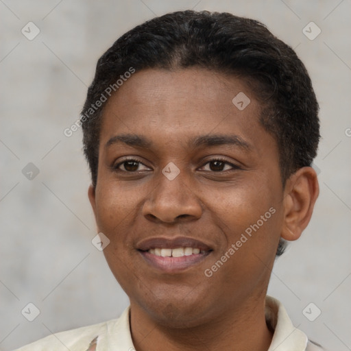 Joyful latino young-adult female with short  brown hair and brown eyes