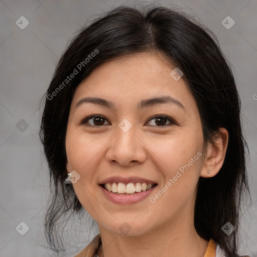 Joyful white young-adult female with medium  brown hair and brown eyes