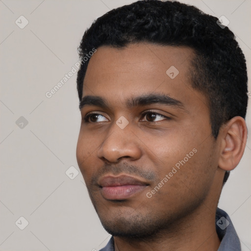 Neutral black young-adult male with short  black hair and brown eyes