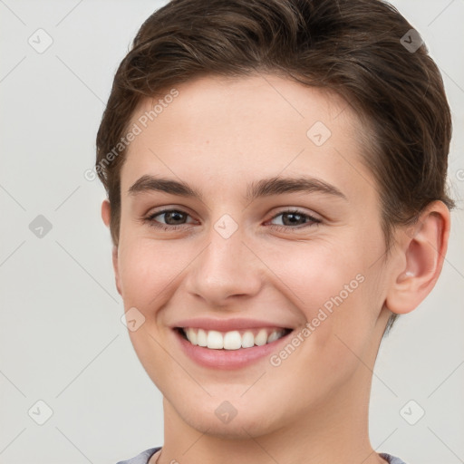 Joyful white young-adult female with short  brown hair and grey eyes