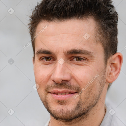 Joyful white young-adult male with short  brown hair and brown eyes