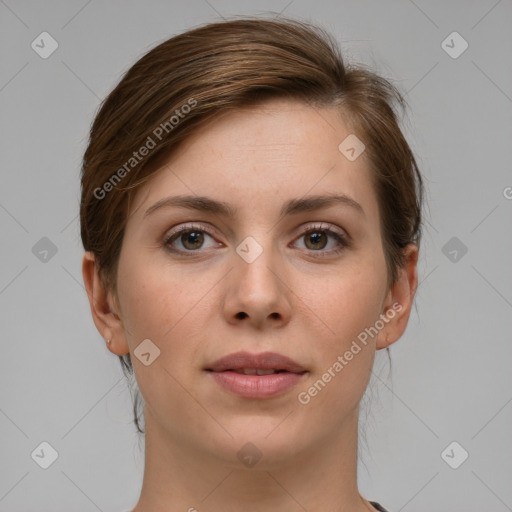 Neutral white young-adult female with medium  brown hair and grey eyes