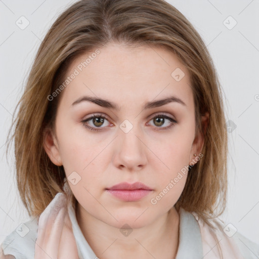 Neutral white young-adult female with medium  brown hair and brown eyes