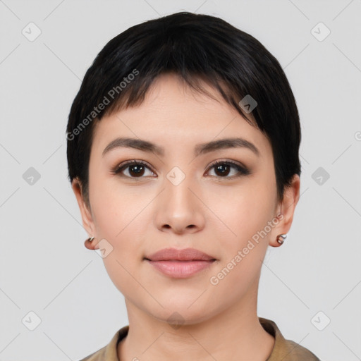 Neutral asian young-adult female with short  black hair and brown eyes