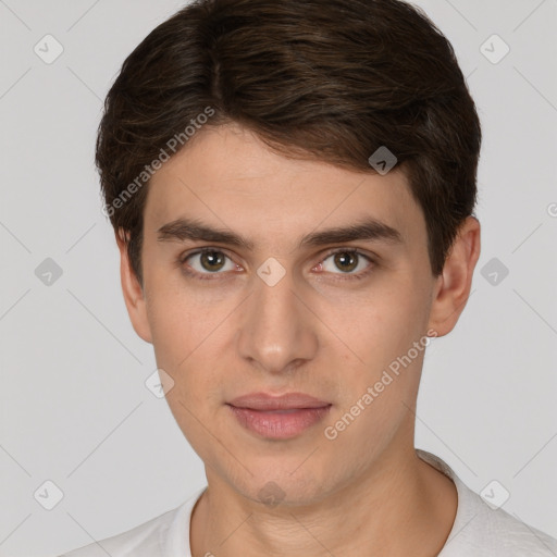 Neutral white young-adult male with short  brown hair and brown eyes