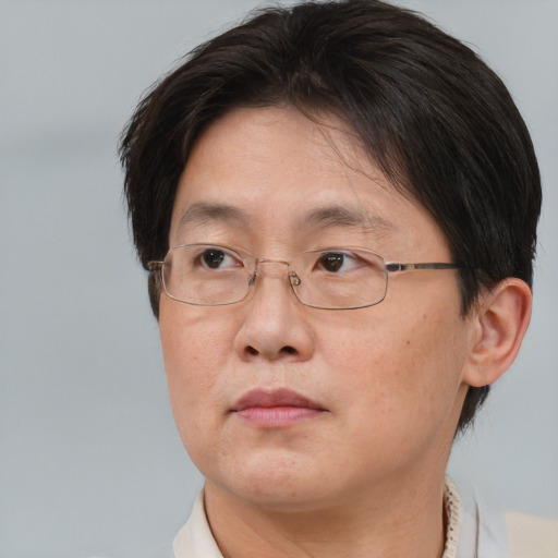 Neutral asian adult female with short  brown hair and brown eyes