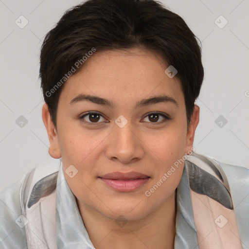 Joyful white young-adult female with medium  brown hair and brown eyes